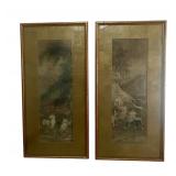 Vintage Pair of Framed Asian-Style Art Prints with Bamboo Frames
