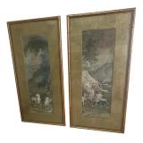 Vintage Pair of Framed Asian-Style Art Prints with Bamboo Frames