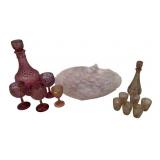 Pink Art Glass Decanters, Goblets, Wine Set, and Serving Plate