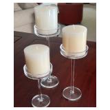 Set of 3 Krosno Poland Glass Hurricane Candle Holders with Pillar Candles
