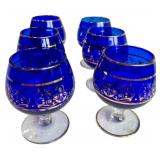 Set of 6 Vintage Cobalt Blue Glasses with Gold Trim