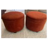 Pair of Round Burnt Orange Corduroy Ottomans