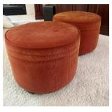 Pair of Round Burnt Orange Corduroy Ottomans