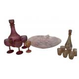 Pink Art Glass Decanters, Goblets, Wine Set, and Serving Plate