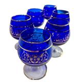 Set of 6 Vintage Cobalt Blue Glasses with Gold Trim