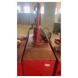 Red Metal Fluid Dispenser with Hand Pump and Funnel