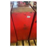 Red Metal Fluid Dispenser with Hand Pump and Funnel