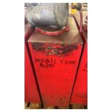 Red Metal Fluid Dispenser with Hand Pump and Funnel