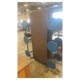 Folding Cafeteria Table with Blue Attached Stools on Casters