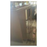 Large Wooden Storage Rack with Blue Metal Trash Can