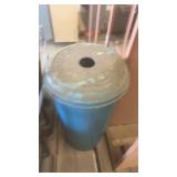 Large Wooden Storage Rack with Blue Metal Trash Can