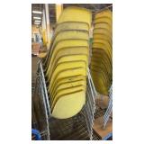 Lot of Stacking Yellow Plastic Chairs with Metal Legs on Rolling Cart