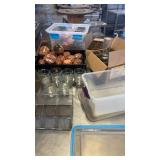 Mixed Lot of Drinking Glasses, Copper Mugs, and Metal Basket Organizers