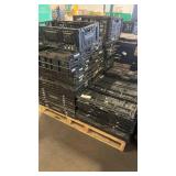 Pallet of Stackable Black Plastic Crates and Totes