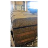 Antique Steamer Trunk with Wood Slats and Embossed Metal