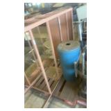 Large Wooden Storage Rack with Blue Metal Trash Can