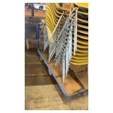 Lot of Stacking Yellow Plastic Chairs with Metal Legs on Rolling Cart