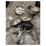 Lot of Paderno Stainless and Cast Iron Fry Pans with Lids