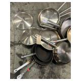 Lot of Paderno Stainless and Cast Iron Fry Pans with Lids