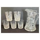 Vintage American Brilliant Cut Glass Pitcher with Five Lowball Glasses