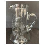 Vintage Etched Glass Pitcher Featuring Floral Pattern
