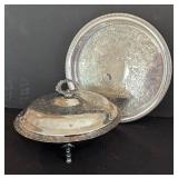 Vintage Silver Plated Serving Platter with Covered Casserole Dish