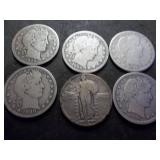 5-Barber Quarters & 1-Standing LIberty Quarter 5-Barber Quarters & 1-Standing LIberty Quarter