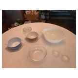 Pyrex Mixing Bowls Set including Blue Stripe, Brown, and Floral Pattern with Glass Lid