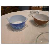 Pyrex Mixing Bowls Set including Blue Stripe, Brown, and Floral Pattern with Glass Lid
