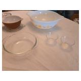 Pyrex Mixing Bowls Set including Blue Stripe, Brown, and Floral Pattern with Glass Lid