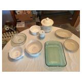 Kitchenware Lot including Anchor Hocking Baking Dish, Ceramic Cookie Jar, and Pyrex Casserole Dishes