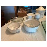 Kitchenware Lot including Anchor Hocking Baking Dish, Ceramic Cookie Jar, and Pyrex Casserole Dishes
