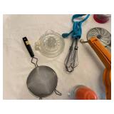 Lot of Kitchen Tools and Gadgets Including Citrus Juicer, Potato Ricer, and Strainer