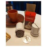 Kitchen Items including Knives, Farberware Meat Tenderizer, Wicker Tray, and Bamboo Bread Slicer