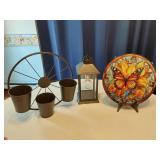 Wagon Wheel Planter, Lantern, and Stained Glass Panel