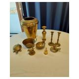 Brass Decorative Items including Large Vase, Candlesticks, and Figurines