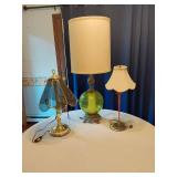 Three Table Lamps Including Green Glass and Brass Models