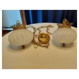 Pair of Vintage Frosted Glass and Brass Hanging Pendant Lights