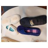 Lot of Household and Personal Care Items including Avon Shower Brush, Slippers, and Mirror
