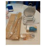 Lot of Household and Personal Care Items including Avon Shower Brush, Slippers, and Mirror