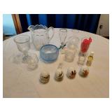 Glassware and Decorative Items including Glass Pitcher, Vases, and Decorative Eggs