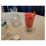 Glassware and Decorative Items including Glass Pitcher, Vases, and Decorative Eggs