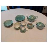 Vintage Green Ceramic Tea Set with Plates and Bowls