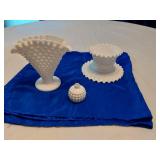 White Hobnail Milk Glass Vase, Pot and Small Bottle