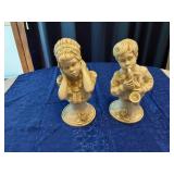 Pair of Universal Statuatory Corp. Kendrick 1971 Sculptures - Girl with Hands on Cheek, Boy Playing Saxaphone