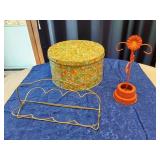 Colorful Tin Container, Wire Rack, and Flower Stand