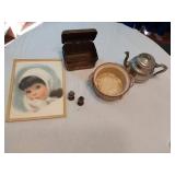 Guernsey Cooking Ware Pot, Silver Teapot, and Vintage Items