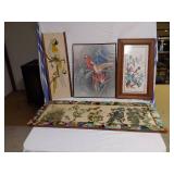 Framed Bird Artworks Including Mosaic Piece and Parrot Paintings
