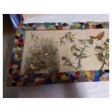 Framed Bird Artworks Including Mosaic Piece and Parrot Paintings