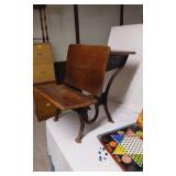 Small Antique Wood and Metal School Desk with Chinese Checkers Game